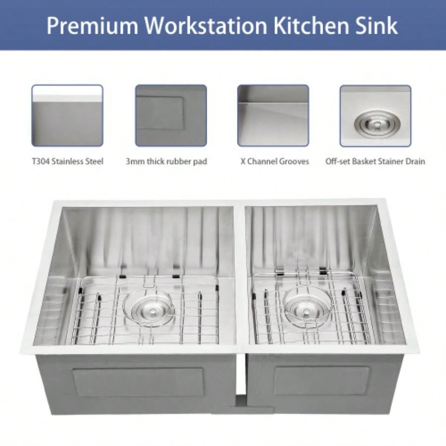 16 Gauge Stainless Steel 33x19 inch Undermount Double Bowl Kitchen Sink 60/40 with 9 Inch Deep Sink