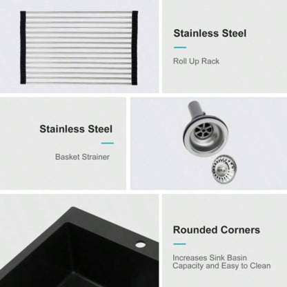 Quartz Kitchen Sink - 25x22 Black granite composite Drop in kitchen sink