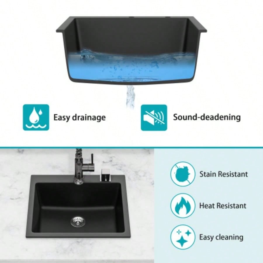 Quartz Kitchen Sink - 25x22 Black granite composite Drop in kitchen sink