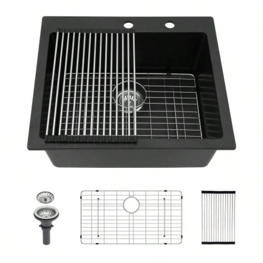 Quartz Kitchen Sink - 25x22 Black granite composite Drop in kitchen sink