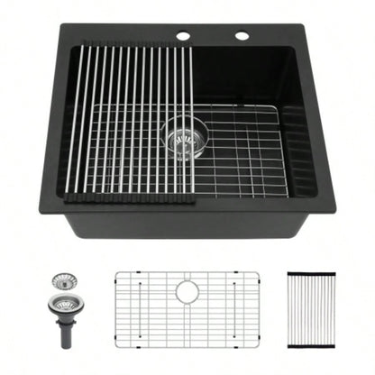 Quartz Kitchen Sink - 25x22 Black granite composite Drop in kitchen sink