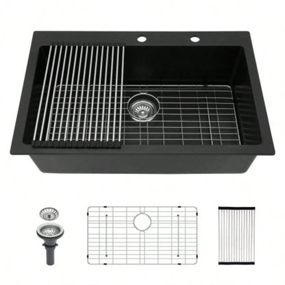 Quartz Kitchen Sink - 33x22 Black granite composite Drop in kitchen sink