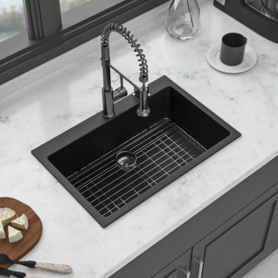 Quartz Kitchen Sink - 33x22 Black granite composite Drop in kitchen sink