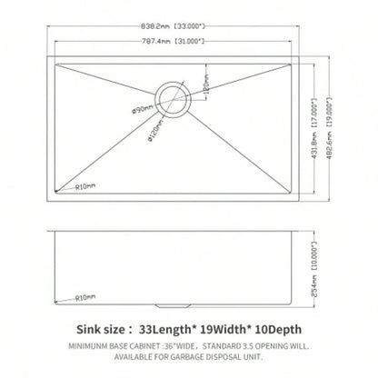 33 Inch Undermount Sink - 33x19x10 Undermount Stainless Steel Kitchen Sink 16 Gauge 10 Inch Deep Single Bowl Kitchen Sink Basin
