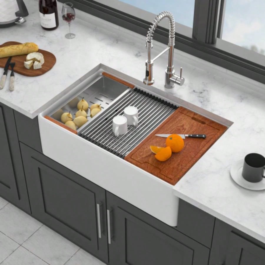 White Kitchen Sink Workstation - 33 inch White Porcelain Ceramic Sngle Bowl Kitchen Sink