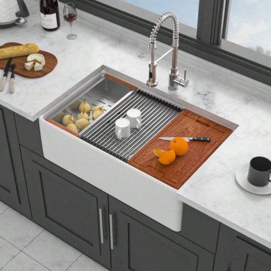 White Kitchen Sink Workstation - 33 inch White Porcelain Ceramic Sngle Bowl Kitchen Sink