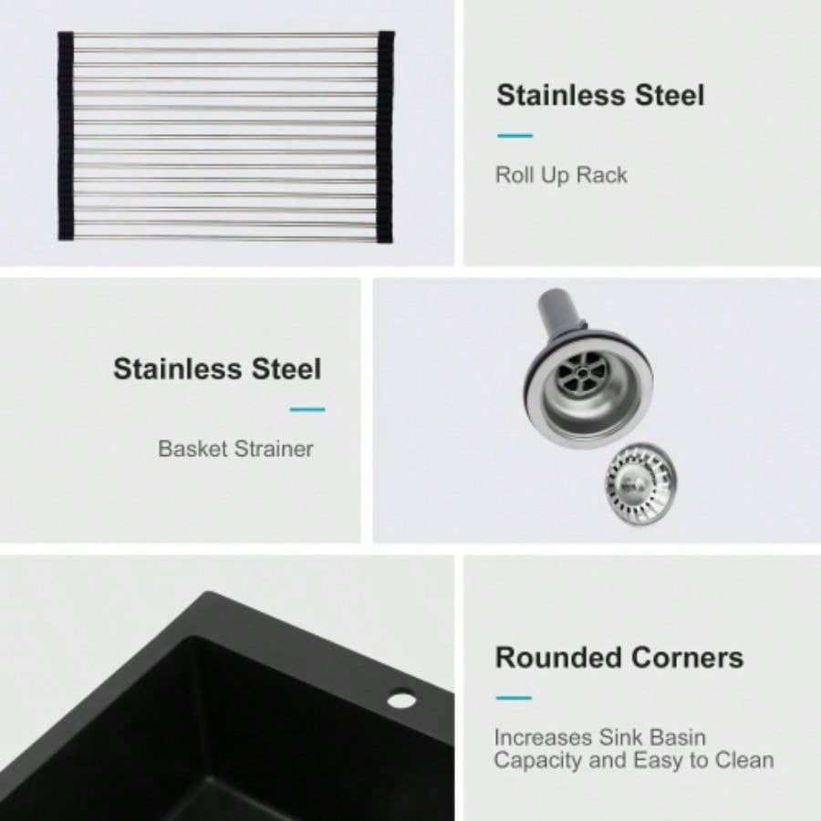 Quartz Kitchen Sink - 33x22 Black granite composite Drop in kitchen sink