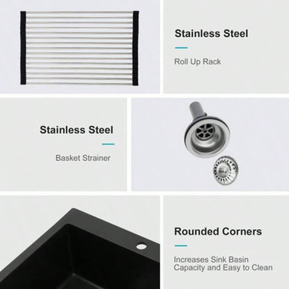 Quartz Kitchen Sink - 33x22 Black granite composite Drop in kitchen sink