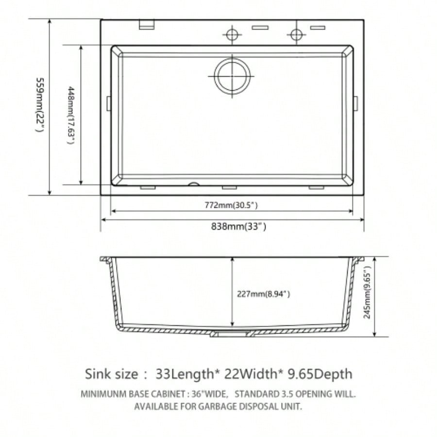 Quartz Kitchen Sink - 33x22 Black granite composite Drop in kitchen sink