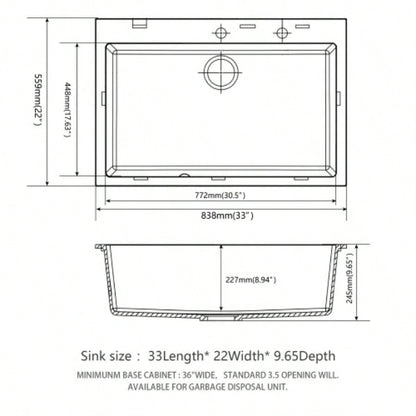 Quartz Kitchen Sink - 33x22 Black granite composite Drop in kitchen sink
