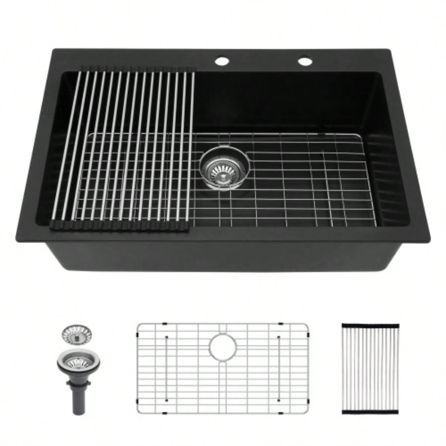 Quartz Kitchen Sink - 33x22 Black granite composite Drop in kitchen sink