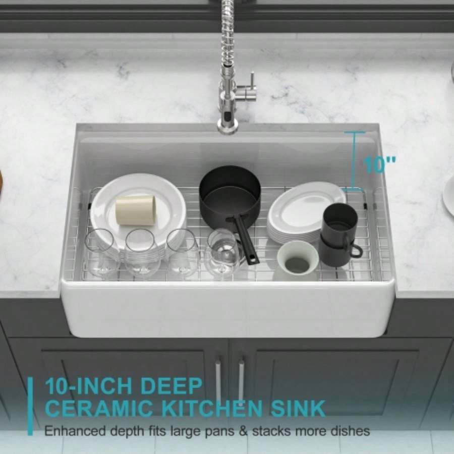 White Kitchen Sink Workstation - 33 inch White Porcelain Ceramic Sngle Bowl Kitchen Sink