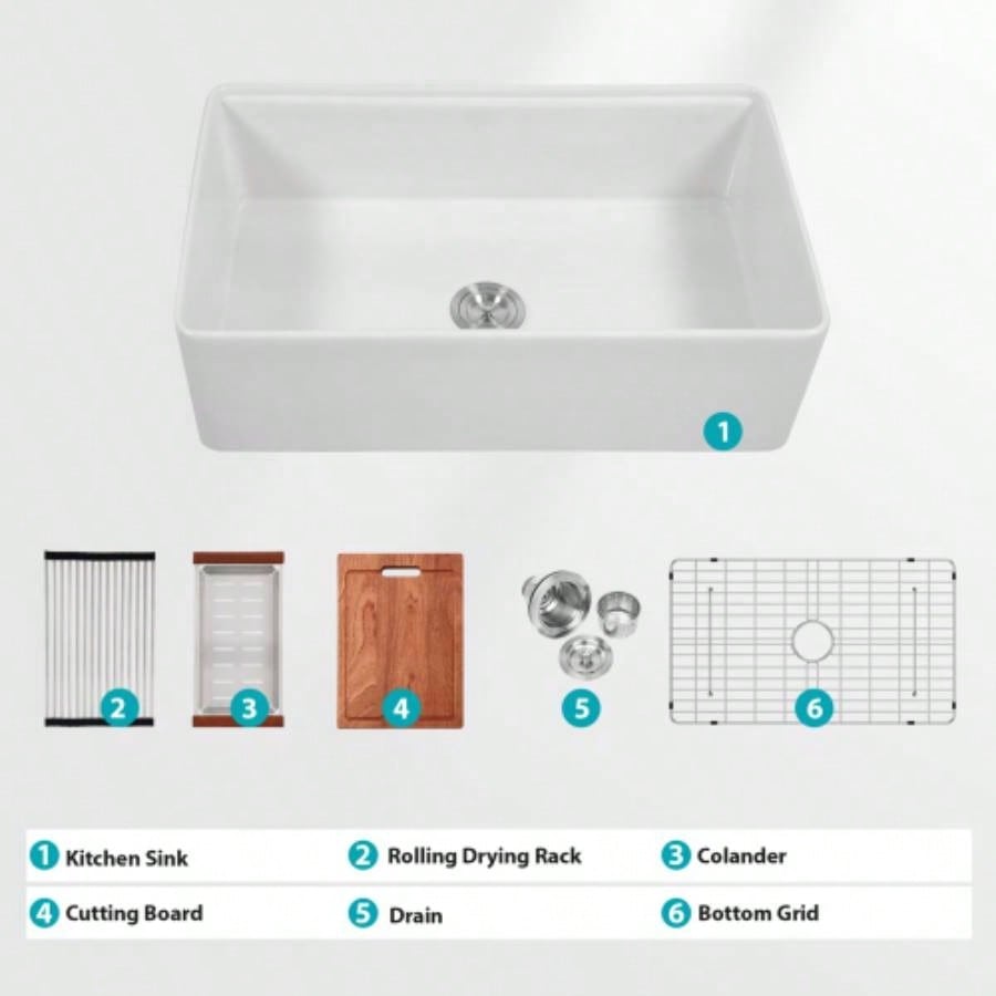 White Kitchen Sink Workstation - 33 inch White Porcelain Ceramic Sngle Bowl Kitchen Sink
