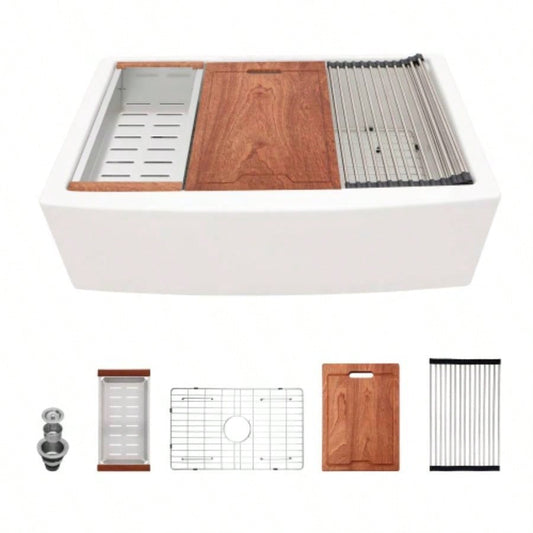 White Farmhouse Sink Workstation - 33 inch White Ceramic Single Bowl Farm Kitchen Sink