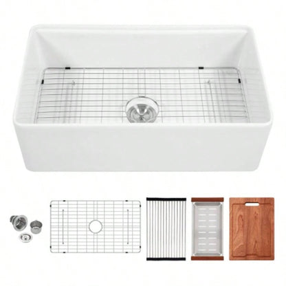 White Kitchen Sink Workstation - 33 inch White Porcelain Ceramic Sngle Bowl Kitchen Sink