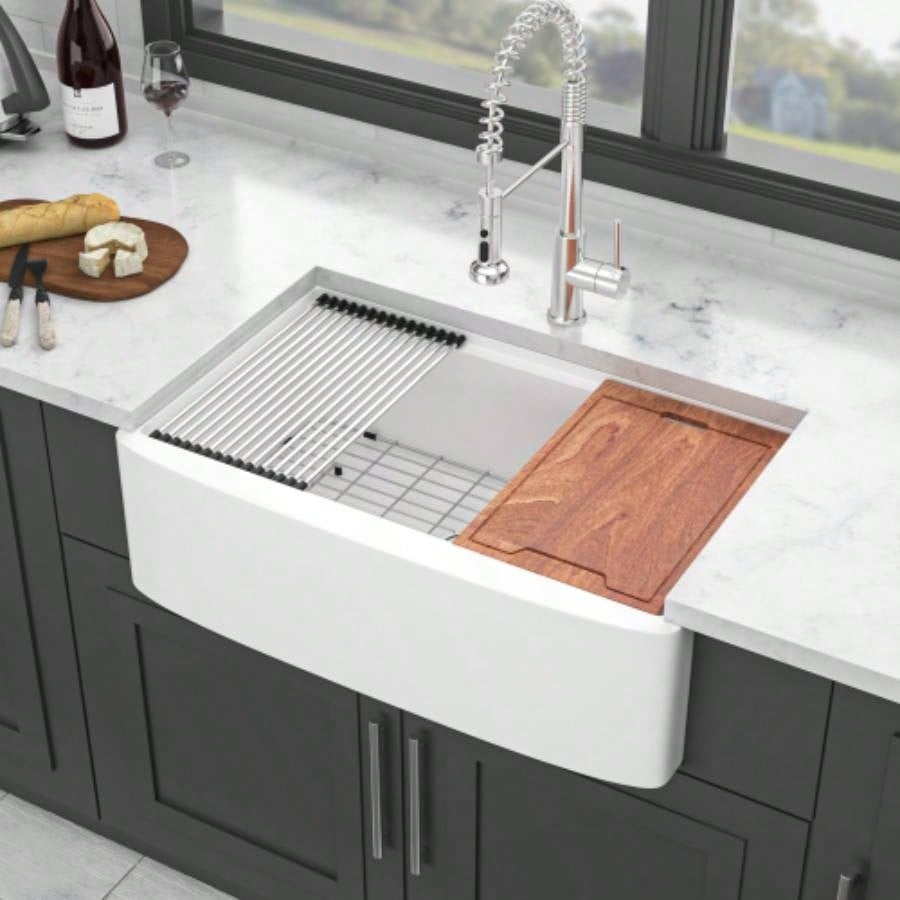 White Farmhouse Sink Workstation - 33 inch White Ceramic Single Bowl Farm Kitchen Sink