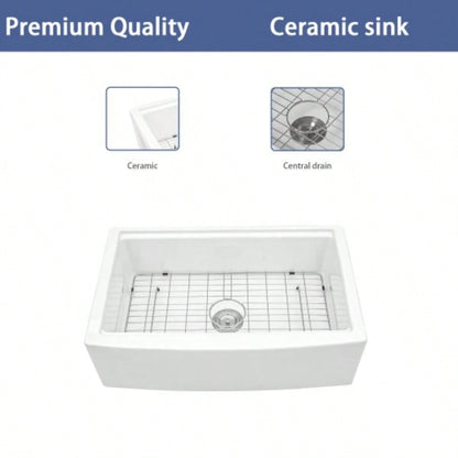 White Farmhouse Sink Workstation - 33 inch White Ceramic Single Bowl Farm Kitchen Sink