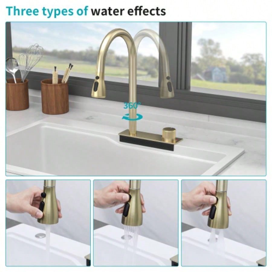 Drop In Waterfall Kitchen Sink - 33x22 White Composite Granite Quartz Single Bowl Workstation kitchen sink with Pull - Out Faucet