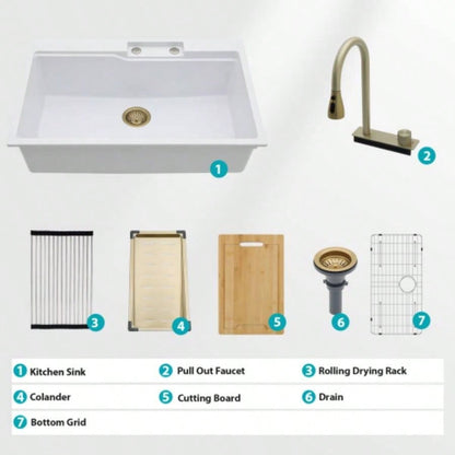 Drop In Waterfall Kitchen Sink - 33x22 White Composite Granite Quartz Single Bowl Workstation kitchen sink with Pull - Out Faucet