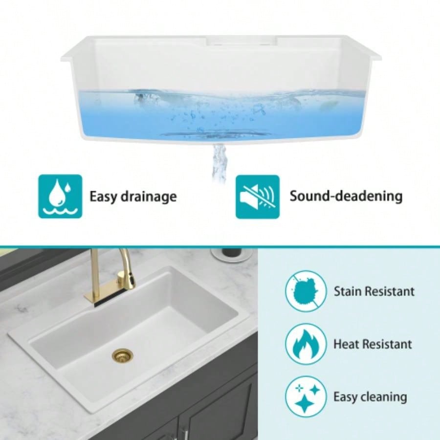 Drop In Waterfall Kitchen Sink - 33x22 White Composite Granite Quartz Single Bowl Workstation kitchen sink with Pull - Out Faucet