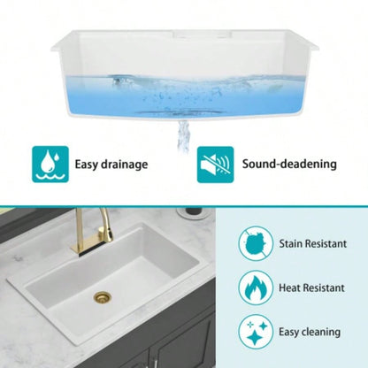 Drop In Waterfall Kitchen Sink - 33x22 White Composite Granite Quartz Single Bowl Workstation kitchen sink with Pull - Out Faucet