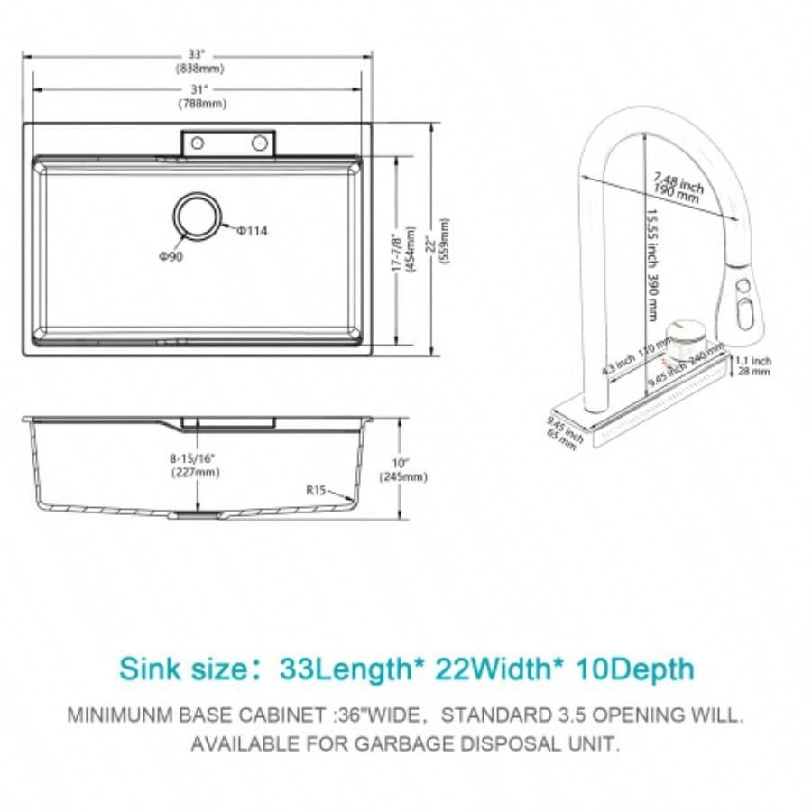 Drop In Waterfall Kitchen Sink - 33x22 White Composite Granite Quartz Single Bowl Workstation kitchen sink with Pull - Out Faucet