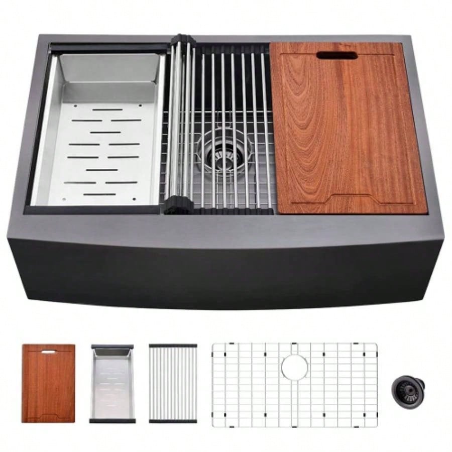 33 L X 22 Farmhouse Kitchen Sink Matte Black Stainless Steel 33 in. Single Bowl Farmhouse Apron Workstation Kitchen Sink with Accessory Kit