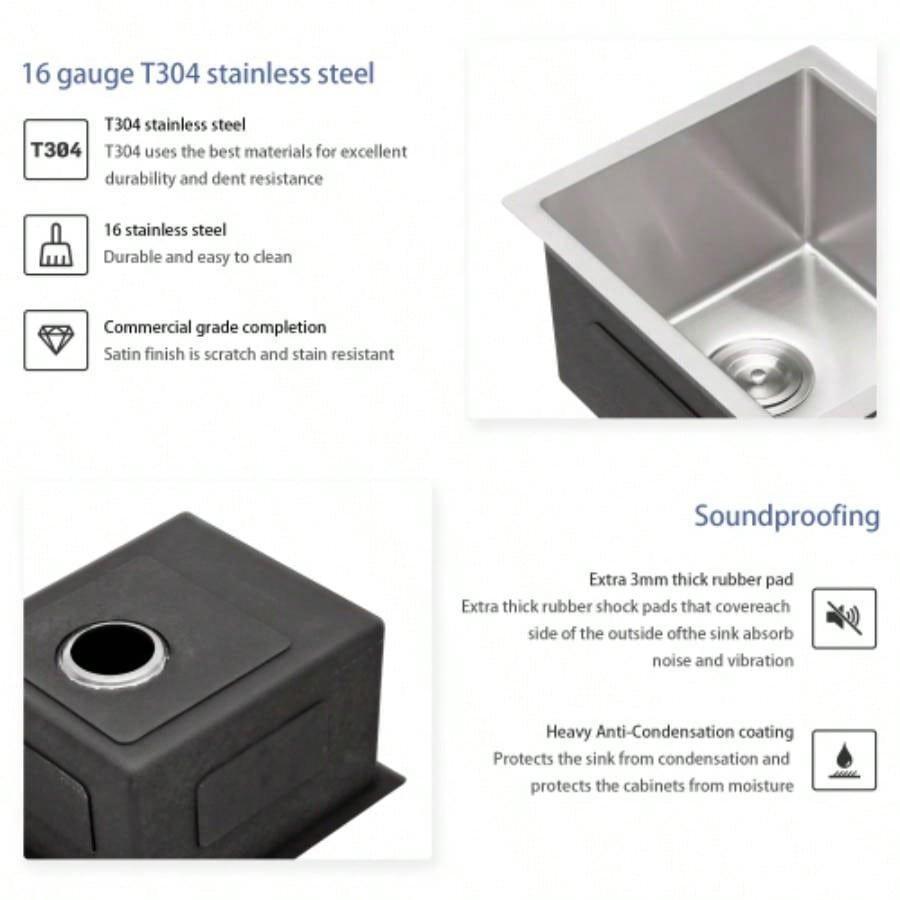 15 Inch Undermount Sink - 15x 17x 9 Undermount Stainless Steel Kitchen Sink 16 Gauge 9 Inch Deep Single Bowl Kitchen Sink Basin, Includes Drain Assembly No Additional Accessories