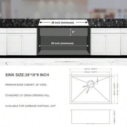26 Inch Undermount Sink - 26x 18x 9 Undermount Stainless Steel Kitchen Sink 16 Gauge 9 Inch Deep Single Bowl Kitchen Sink Basin, Includes Drain Assembly No Additional Accessories