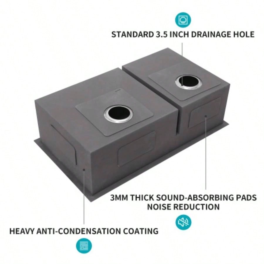 33x19x10 Undermount Double Bowl60/40 Kitchen Sink - 16 Gauge with Two 10 Deep Basin