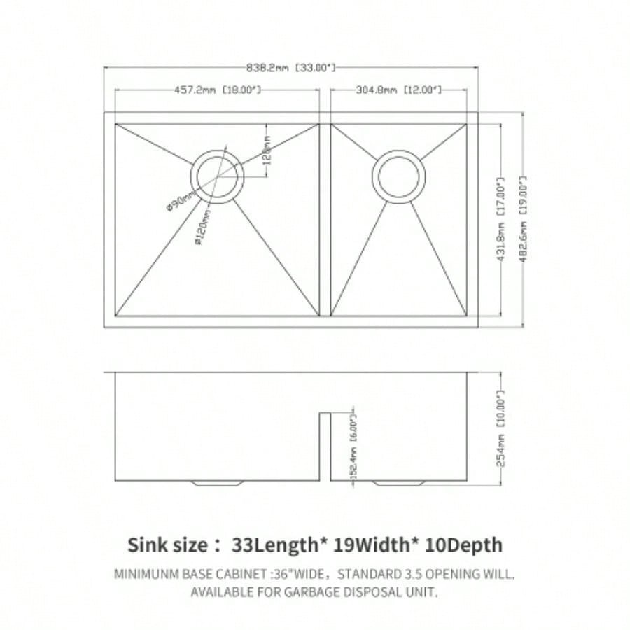 33x19x10 Undermount Double Bowl60/40 Kitchen Sink - 16 Gauge with Two 10 Deep Basin
