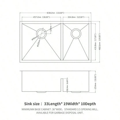 33x19x10 Undermount Double Bowl60/40 Kitchen Sink - 16 Gauge with Two 10 Deep Basin