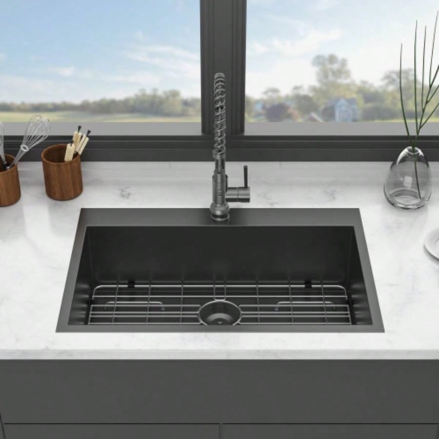 30 Drop In Kitchen Sink - Topmount Gunmetal Black Stainless Steel 16 Gauge Singe Bowl Kitchen Sink Basin