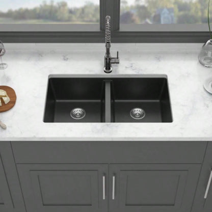 Quartz Kitchen Sink - 33x 19 Black granite composite undermount kitchen sink Double Bowl50/50