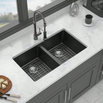Quartz Kitchen Sink - 33x 19 Black granite composite undermount kitchen sink Double Bowl50/50