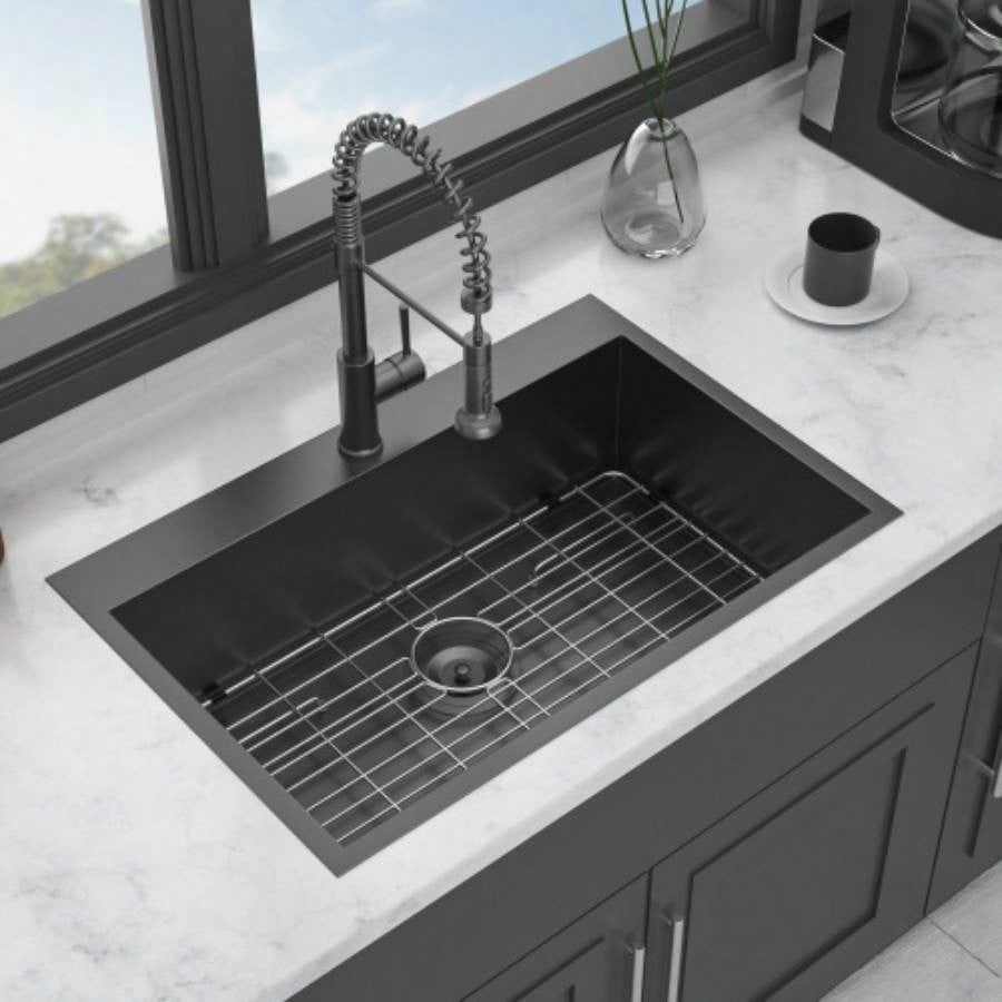 30 Drop In Kitchen Sink - Topmount Gunmetal Black Stainless Steel 16 Gauge Singe Bowl Kitchen Sink Basin