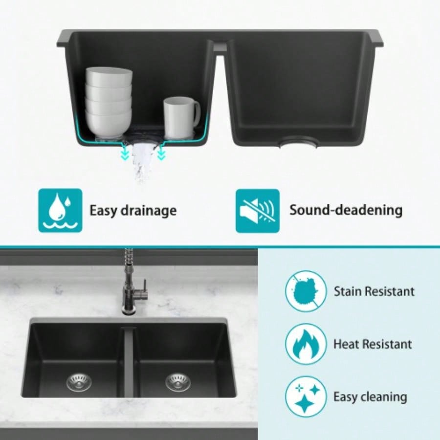 Quartz Kitchen Sink - 33x 19 Black granite composite undermount kitchen sink Double Bowl50/50
