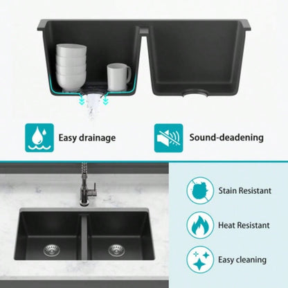 Quartz Kitchen Sink - 33x 19 Black granite composite undermount kitchen sink Double Bowl50/50