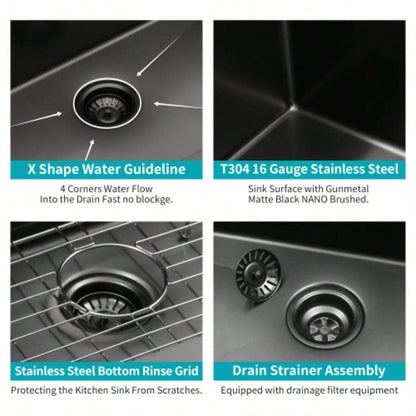 30 Drop In Kitchen Sink - Topmount Gunmetal Black Stainless Steel 16 Gauge Singe Bowl Kitchen Sink Basin