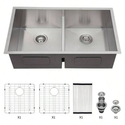 Double Bowl50/50 Undermount Sink - 33x19 Double Bowl Kitchen Sink 16 Gauge with Two 10 Deep Basin