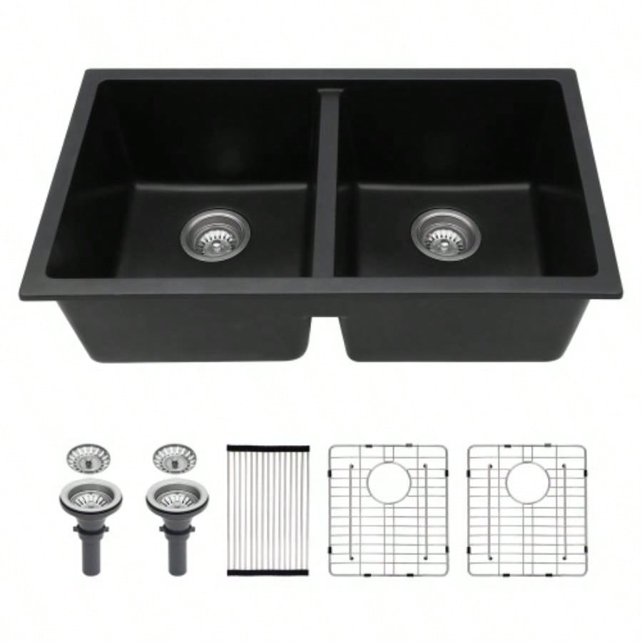 Quartz Kitchen Sink - 33x 19 Black granite composite undermount kitchen sink Double Bowl50/50