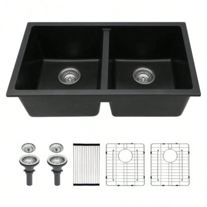 Quartz Kitchen Sink - 33x 19 Black granite composite undermount kitchen sink Double Bowl50/50