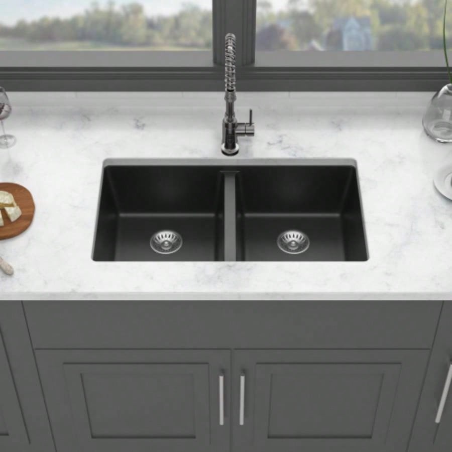 Quartz Kitchen Sink - 33x 19 Black granite composite undermount kitchen sink Double Bowl50/50