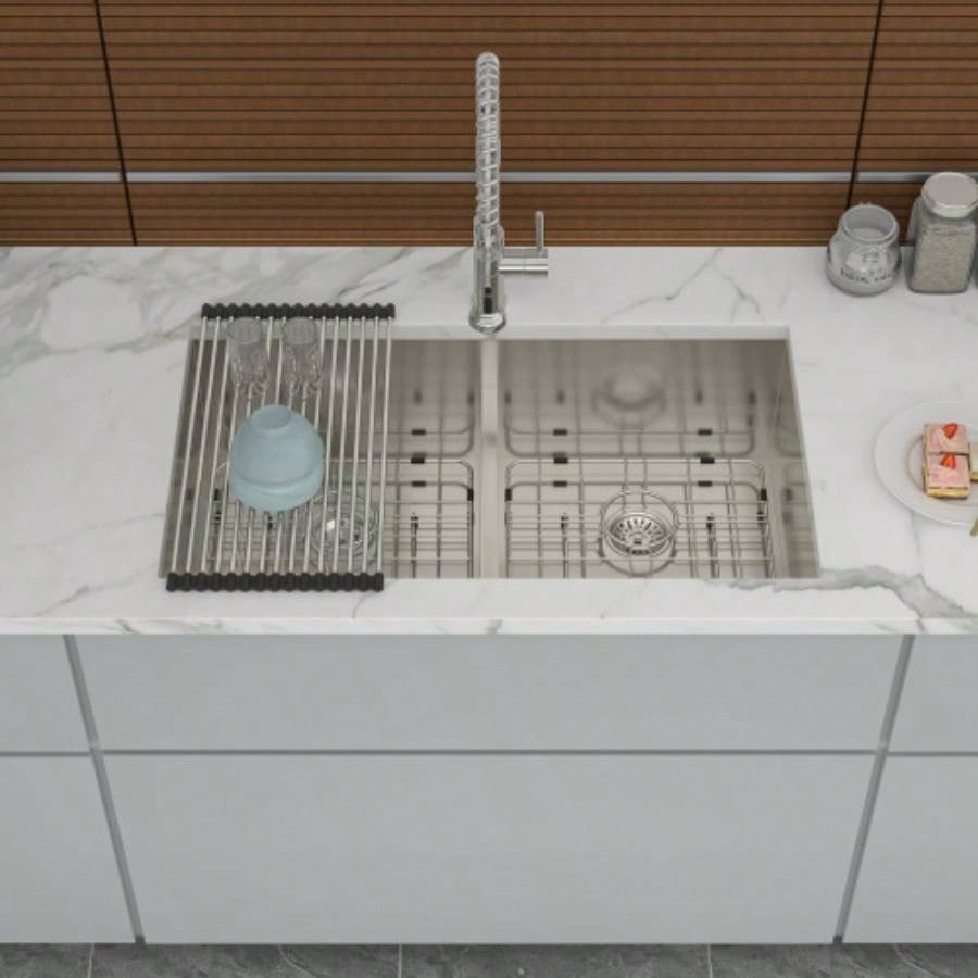 Double Bowl50/50 Undermount Sink - 33x19 Double Bowl Kitchen Sink 16 Gauge with Two 10 Deep Basin