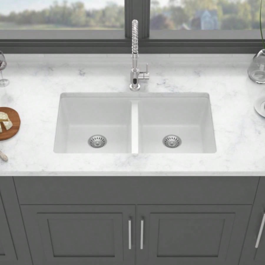 Quartz Kitchen Sink - 33x 19 White granite composite undermount kitchen sink Double Bowl50/50