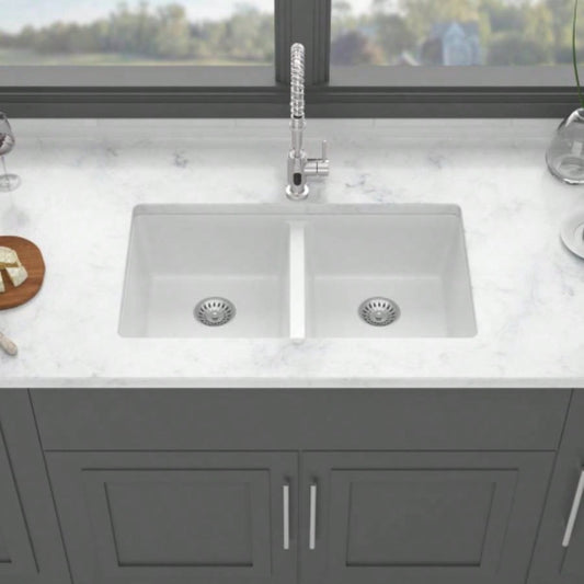 Quartz Kitchen Sink - 33x 19 White granite composite undermount kitchen sink Double Bowl50/50