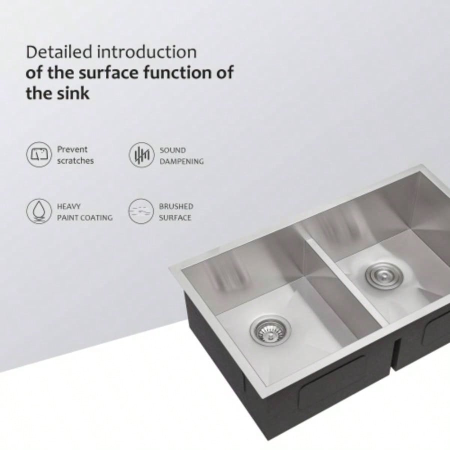 Double Bowl50/50 Undermount Sink - 33x19 Double Bowl Kitchen Sink 16 Gauge with Two 10 Deep Basin