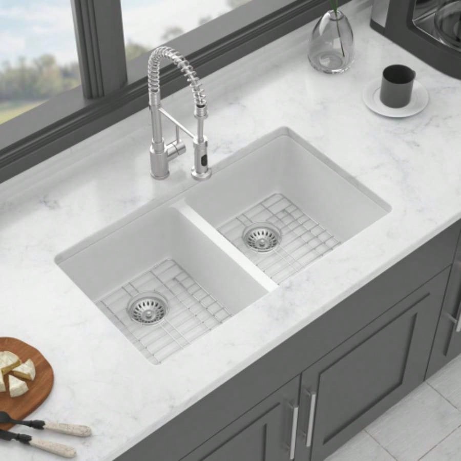 Quartz Kitchen Sink - 33x 19 White granite composite undermount kitchen sink Double Bowl50/50