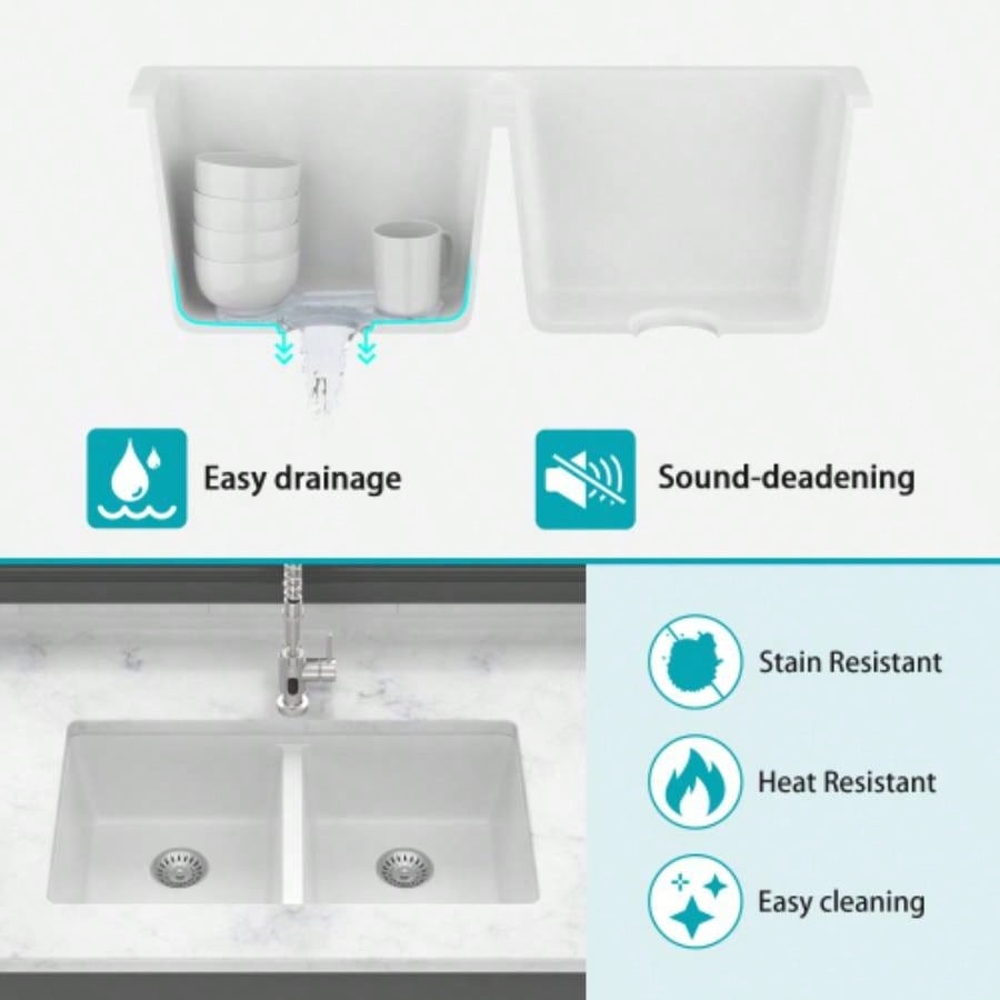 Quartz Kitchen Sink - 33x 19 White granite composite undermount kitchen sink Double Bowl50/50