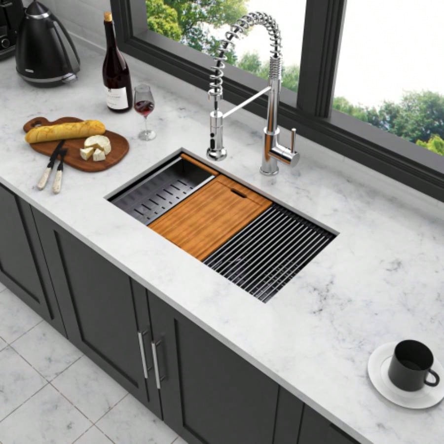 Gunmetal Black Workstation Kitchen Sink - 28x 18x 10 Single Bowl Workstation Undermount Kitchen Sink 16 Gauge Stainless Steel